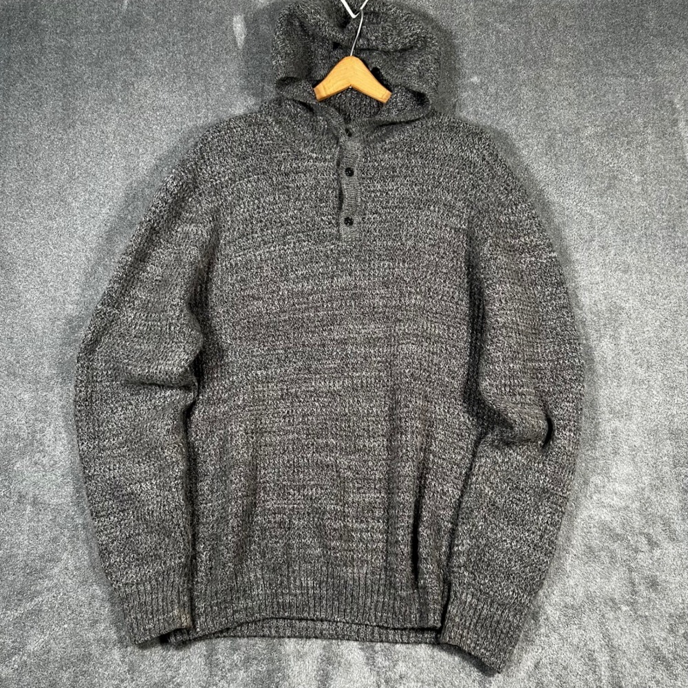 prAna Hooded Sweater Knit Organic Cotton Henley Heavyweight Mens XL Grey